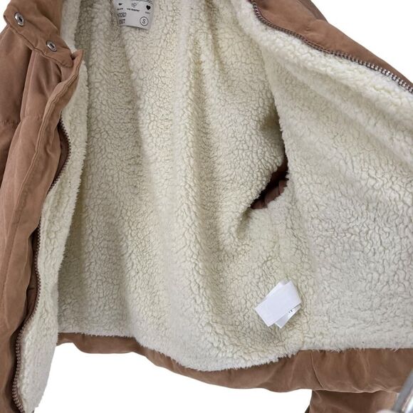 Cropped Puffer Jacket Brown Ci Sono Sherpa Lined Size S Plush Quilted Full Zip - Picture 5 of 11